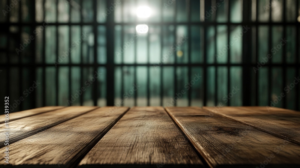 Poster the smooth wood of a table stands in contrast to the blurred and dark jail in the background, with m