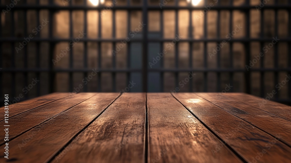 Poster the smooth wood of a table stands in contrast to the blurred and dark jail in the background, with m