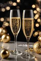 Two champagne glasses filled with sparkling champagne, surrounded by golden confetti, exuding festive elegance and joy