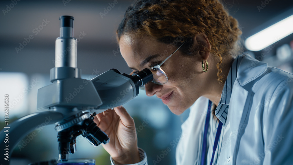 Poster hisplanic female bioengineer looking at dna samples under a microscope in a modern applied science l