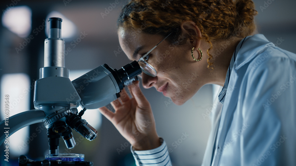 Poster portrait of a multiethnic student working on a research project in college. medical research scienti