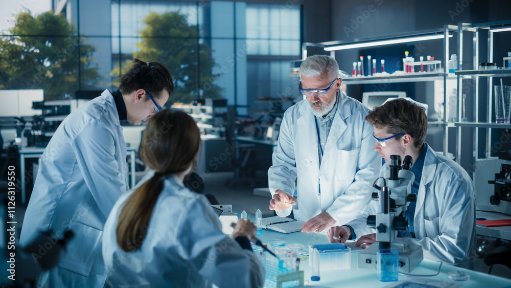Poster head of laboratory making a bioengineering experiment with a group of young science college students