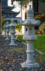 Obraz premium Traditional Stone Lanterns in Japanese Garden