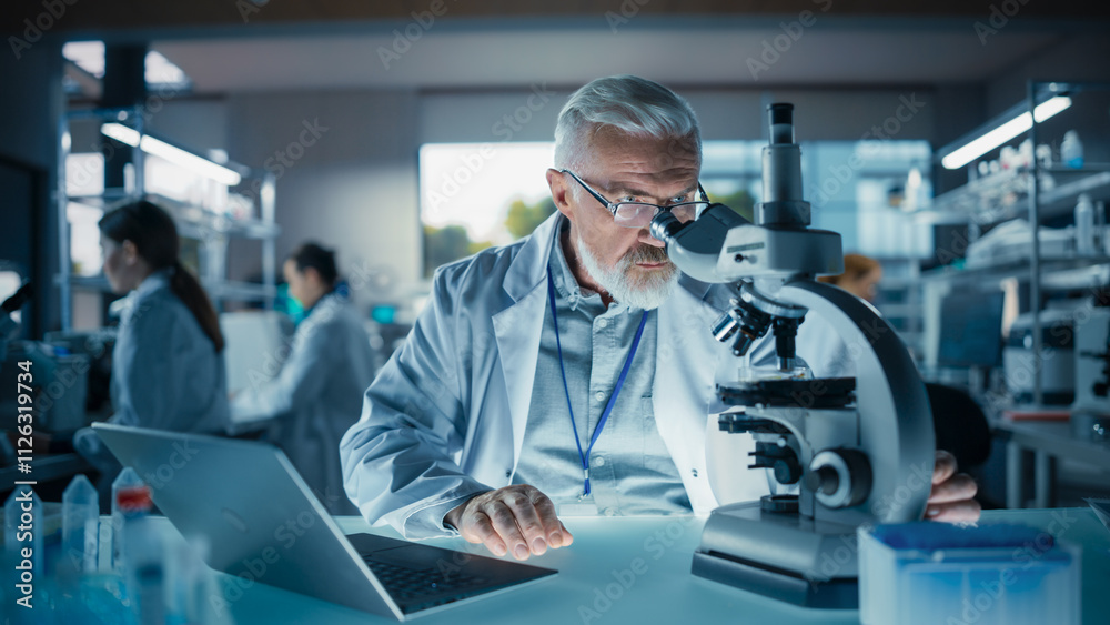 Poster senior medical research scientist looking at biological samples under a microscope in an applied sci