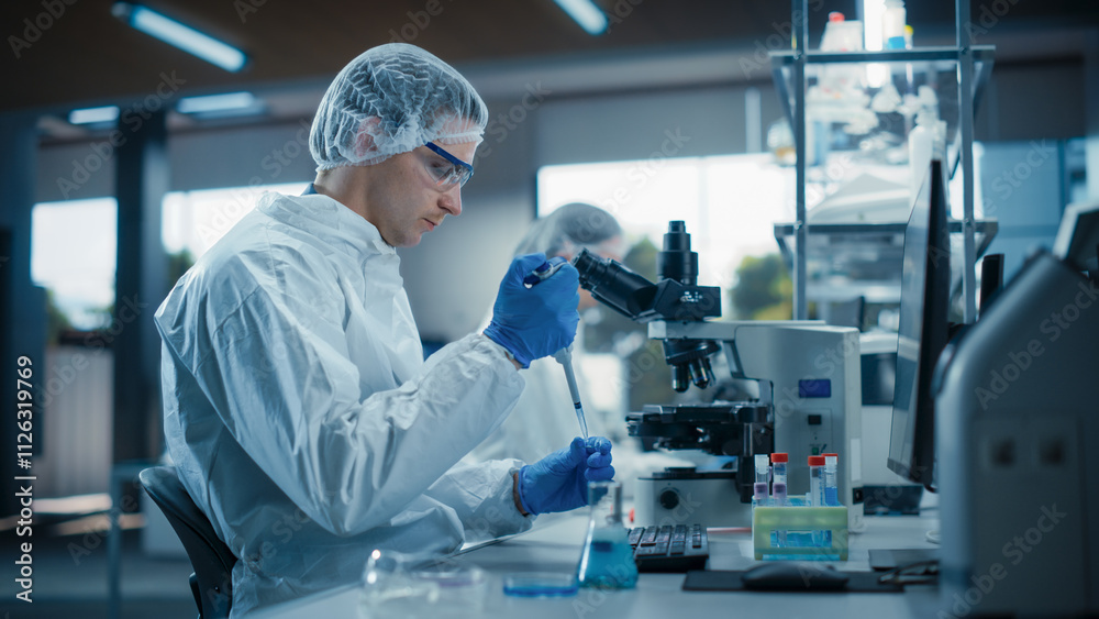 Poster medical scientist wearing coveralls and protective accessories, using micro pipette while working wi