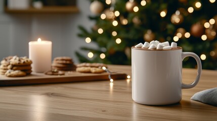 Cozy hot cocoa mug holiday decor food photography indoor closeup