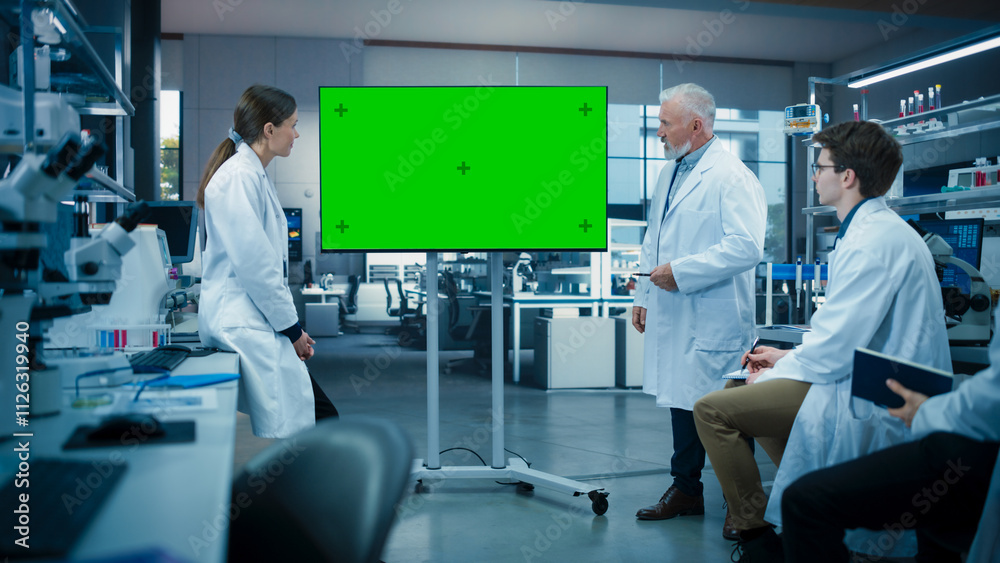 Poster group of students listening to their biology professor who uses tv monitor with green screen templat