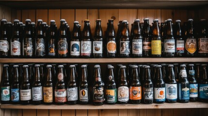 Assorted Craft Beer Bottles Displayed on Wooden Shelf
