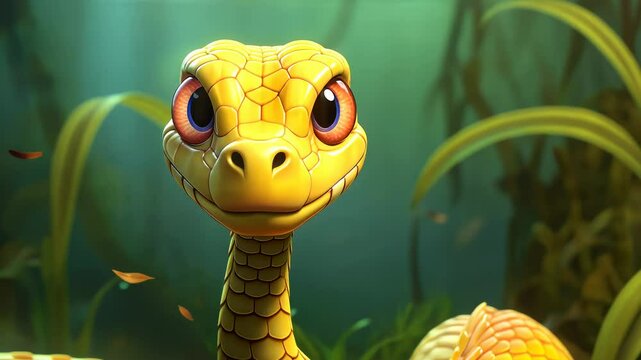 video 3d cartoon yellow snake on blurred green background, symbol of 2025, chinese calendar, wild animal, reptile, serpentine