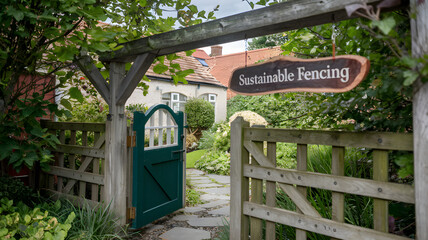Fencing maintenance sustainable concept. Charming garden gate with sustainable fencing sign in a lush setting.