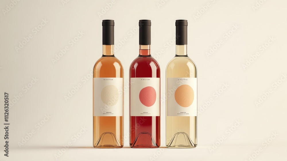 Poster trio of red, white, and ros wine bottles in a diagonal line, with a focus on their labels, set again