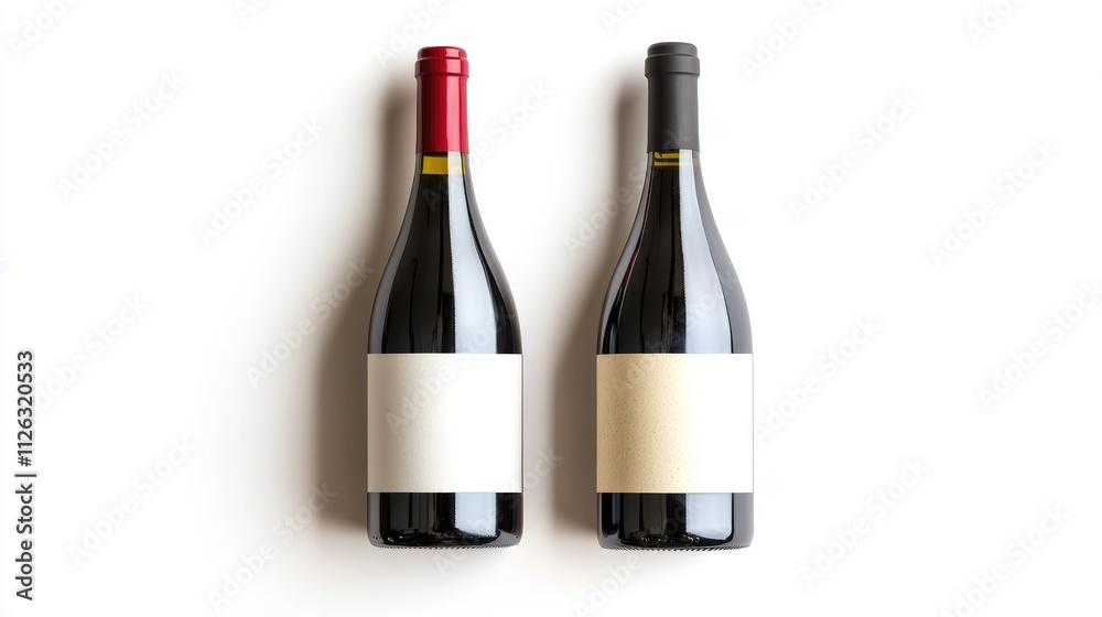 Poster two artfully arranged wine bottles, red and white, with empty labels, displayed on a white backgroun