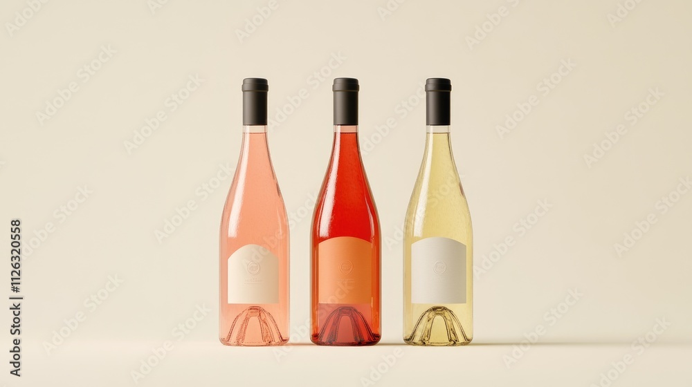 Poster trio of red, white, and ros wine bottles in a diagonal line, with a focus on their labels, set again