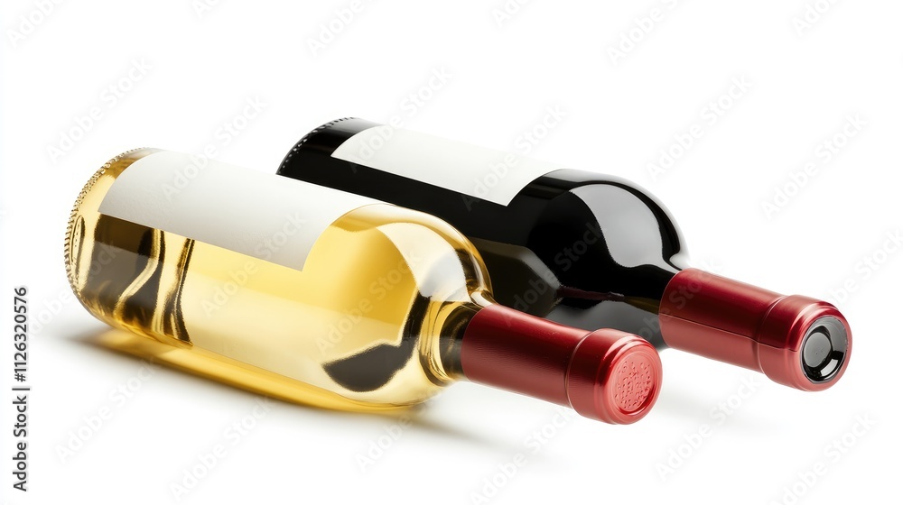 Poster two artfully arranged wine bottles, red and white, with empty labels, displayed on a white backgroun