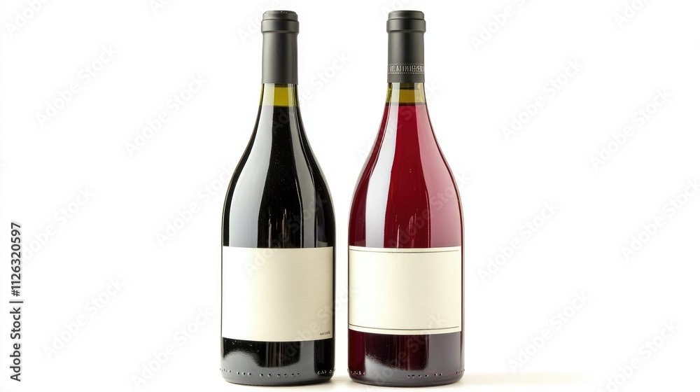 Poster two artfully arranged wine bottles, red and white, with empty labels, displayed on a white backgroun