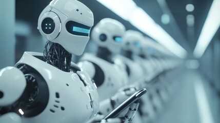 Fototapeta premium Futuristic Robots in a High-Tech Environment with Smartphones