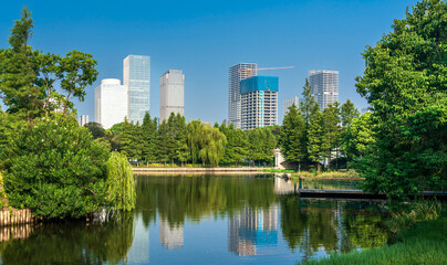 Serene Urban Oasis: A Park View with City Skyline Reflection