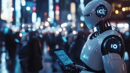 Fototapeta premium Futuristic Robot Holding Tablet in a Vibrant City at Night
