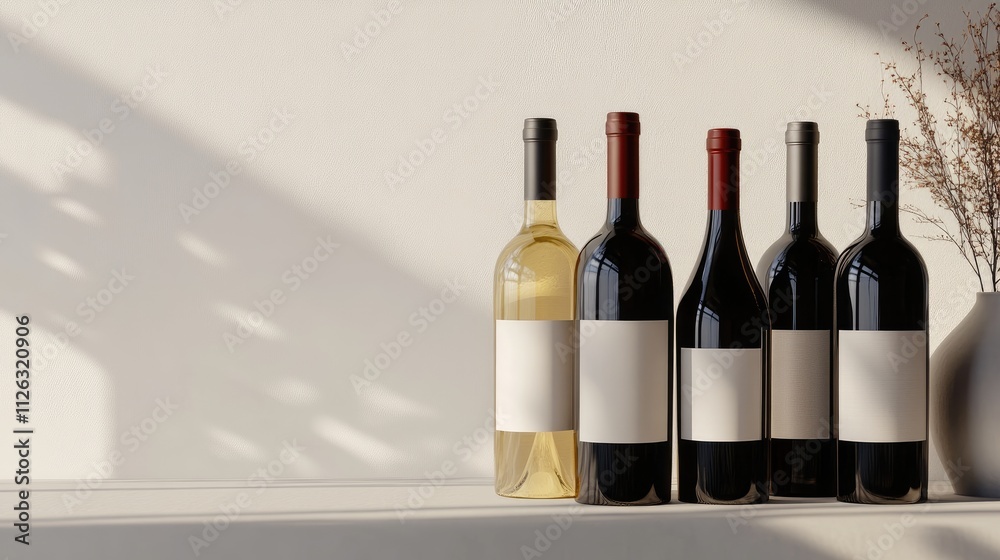 Aufkleber Various red and white wine bottles with empty labels, placed elegantly on a white background for customizable advertising purposes.