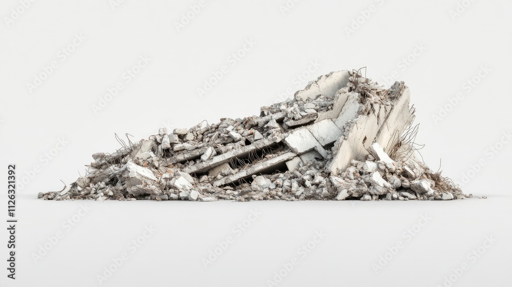 Poster wreckage of a collapsed building, with clear layers of destruction, isolated on a plain white backdr