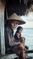 Fototapeta premium An elderly man in a straw hat sits peacefully by a rustic seaside hut, a young girl in the background.