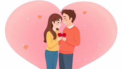 Young cute couple, young man and woman congratulate each other on Valentine's Day and give a gift, illustration