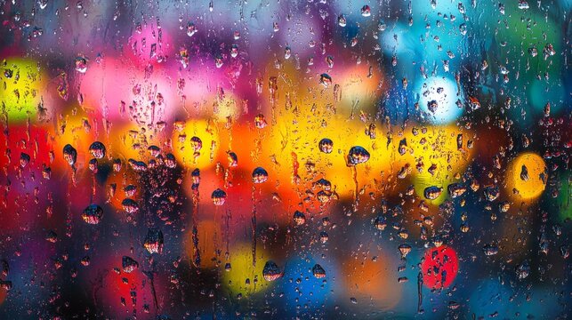 Rainy night city lights window raindrops glass bokeh orange yellow reflection urban wet dark night moody atmospheric somber solitude peaceful calm