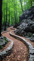 Curving behind a large rock formation is a forest-lined path