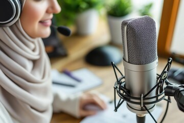 A Muslim woman wearing a headset and hijab records a podcast using a professional microphone in her home office.
