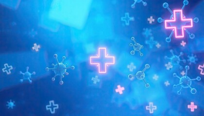 Obraz premium medical background with clean blue tones, molecular structures, and glowing cross symbols in a futuristic digital style