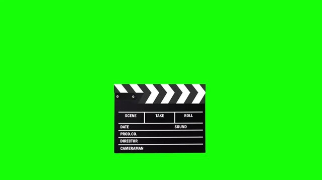 Chroma key clapperboard for film production on a green screen background, cartoon, footage, mockup, loop