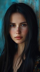 Fototapeta premium A close-up portrait of a woman with dark hair and intense gaze, strikingly posed against a textured blue background.