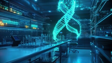 Futuristic laboratory illustrating bio-AI integration, with holographic DNA and neural networks blending seamlessly, glowing blue and green lights