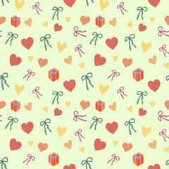 Image of heart, gift box and bow seamless pattern illustration Bright colors convey love. Use it to make gift paper, backgrounds, or cards.