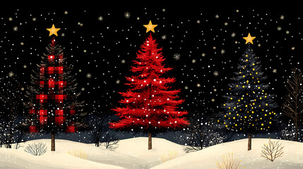 Obraz premium An image of plaid Christmas trees with a black and white polka dot background and bright reds and yellow stars at the top of the tree.