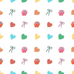 Image of heart, gift box and bow seamless pattern illustration Bright colors convey love. Use it to make gift paper, backgrounds, or cards.