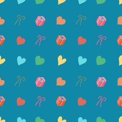 Image of heart, gift box and bow seamless pattern illustration Bright colors convey love. Use it to make gift paper, backgrounds, or cards.