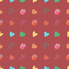 Image of heart, gift box and bow seamless pattern illustration Bright colors convey love. Use it to make gift paper, backgrounds, or cards.