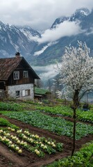 Scenic alpine farm featuring a quaint house, spring garden, and blooming tree against misty snow-capped mountains backdrop.