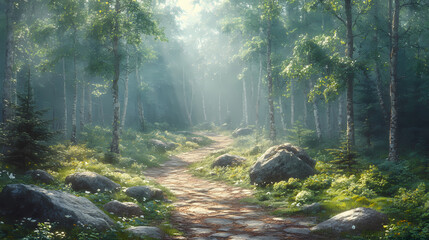 Curving behind a large rock formation is a forest-lined path