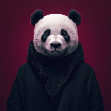 Anthropomorphic portrait of panda dressed in fashion clothes. Human like animal against dark background
