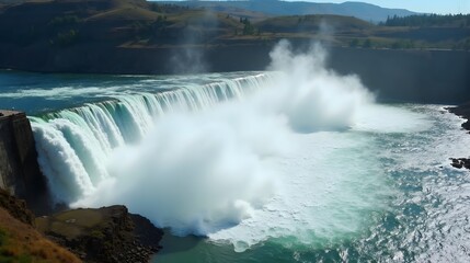 Fototapeta premium Hydroelectric Dam with Surging Water and Mist Creating a Dramatic Scene