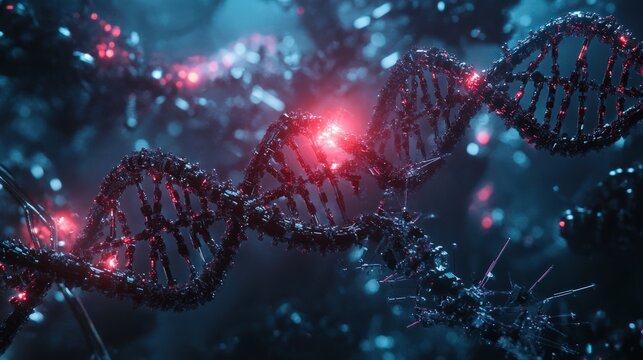AI-driven systems manipulating cellular processes, intricate nanobots interacting with DNA, vibrant futuristic lighting, and detailed textures