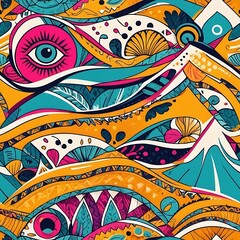 Abstract Eye Pattern: A captivating seamless pattern with a vibrant color palette, featuring an eye motif and intricate abstract shapes.