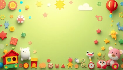 kids background with playful patterns, bright colors, and whimsical illustrations of toys and characters