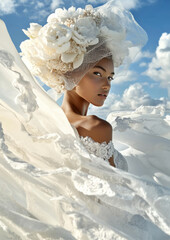 Wedding concept. Beautiful model posing for fashion magazine. High Couture Style.