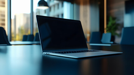 A laptop computer with its lid open, placed on a table in a meeting room.