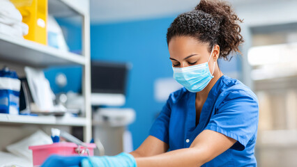 Healthcare Worker Cleaning: A dedicated healthcare professional, wearing a blue surgical mask and gloves, meticulously cleans surfaces in a hospital setting.