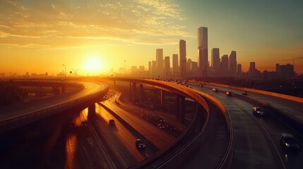 Sunset over city highway interchange.