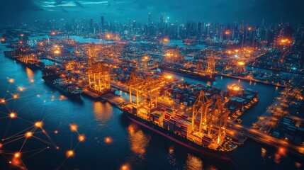 Obraz premium A vibrant aerial view of a sprawling cityscape illuminated by golden lights, showcasing industrial structures along a shimmering waterway.